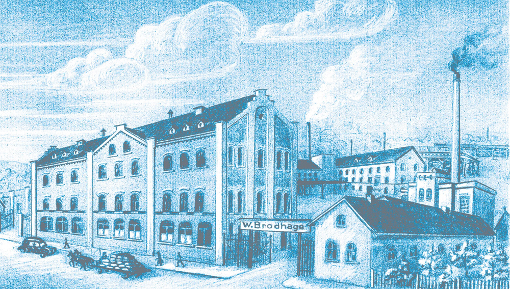 Eine zeitgenössische Zeichnung der historischen W. Brodhage Gebäudes. Neben dem Firmenschild sind beladene LKW und arbeitende Personen zu sehen. Die Zeichnung ist blau eingefärbt.